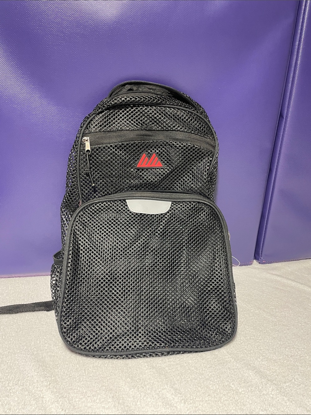 Black Mesh Backpack with Red Accent Logo — Lightweight Everyday Pack